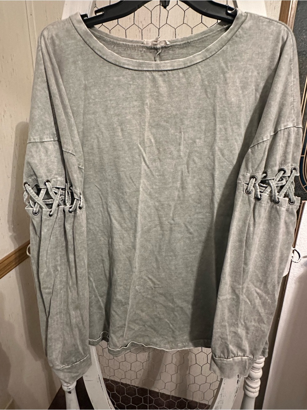Umgee Sage Green Lace-Up Sleeve Pullover